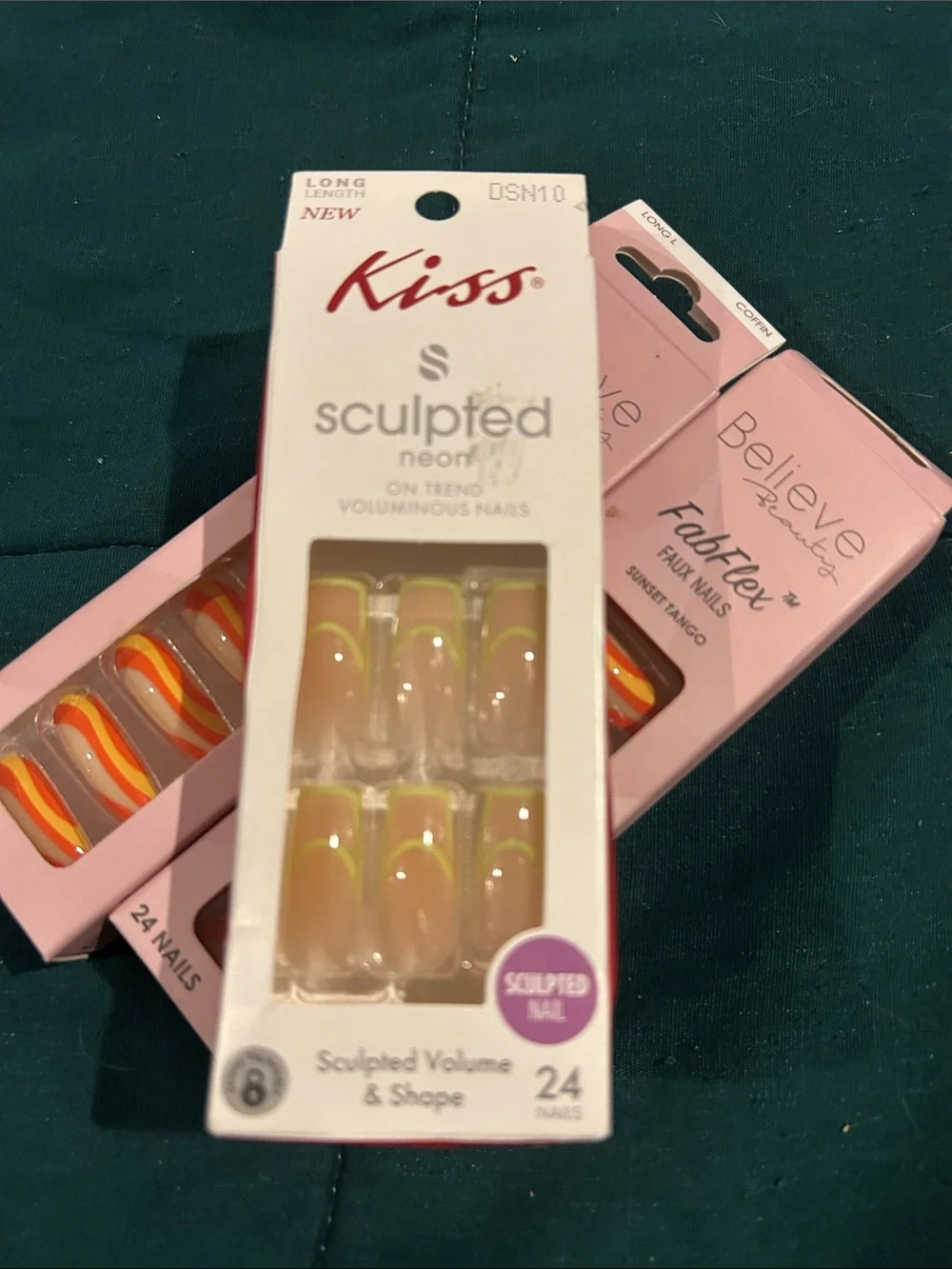 70s Retro Swirl & Neon Yellow Press On Nail Lot (3 Packs) + Maybelline mascara